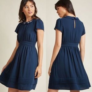 ModCloth Navy Blue Embroidered Peter Pan Floral Collar Mini Babydoll Dress Small